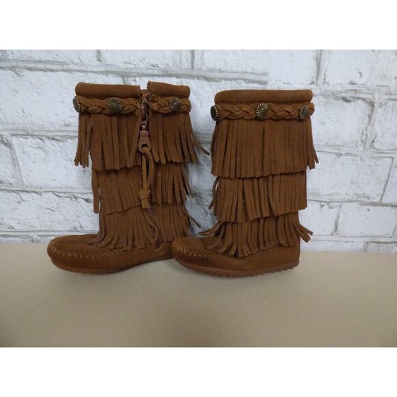 Minnetonka Dusty Brown Suede Leather Fringe Boots Girl's Size 7 NEW - Picture 2 of 8